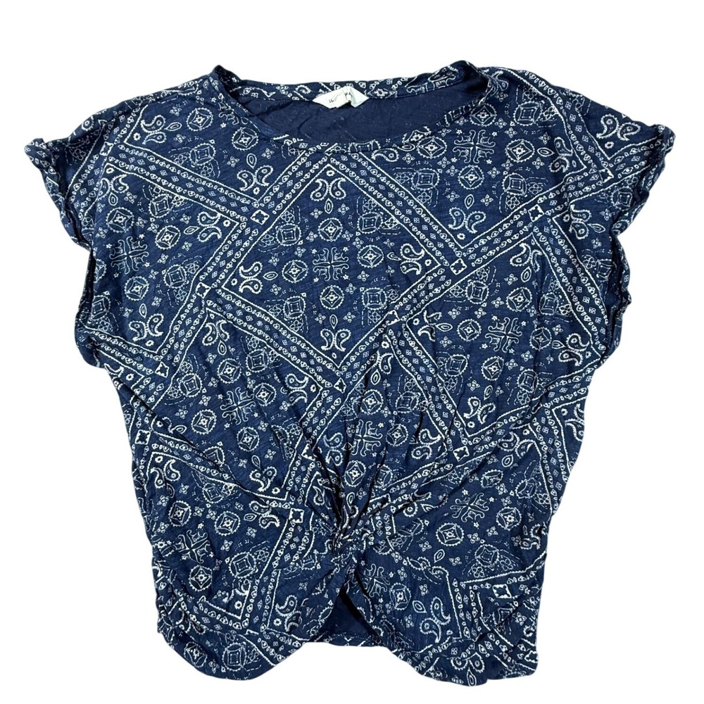 Lucky Brand Womens Navy Blue Bandana Print Twist Front T-Shirt Size Large Boho